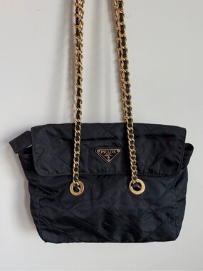 Prada Vintage black Nylon quilted Tessuto Gold chain Crossbody shoulder purse